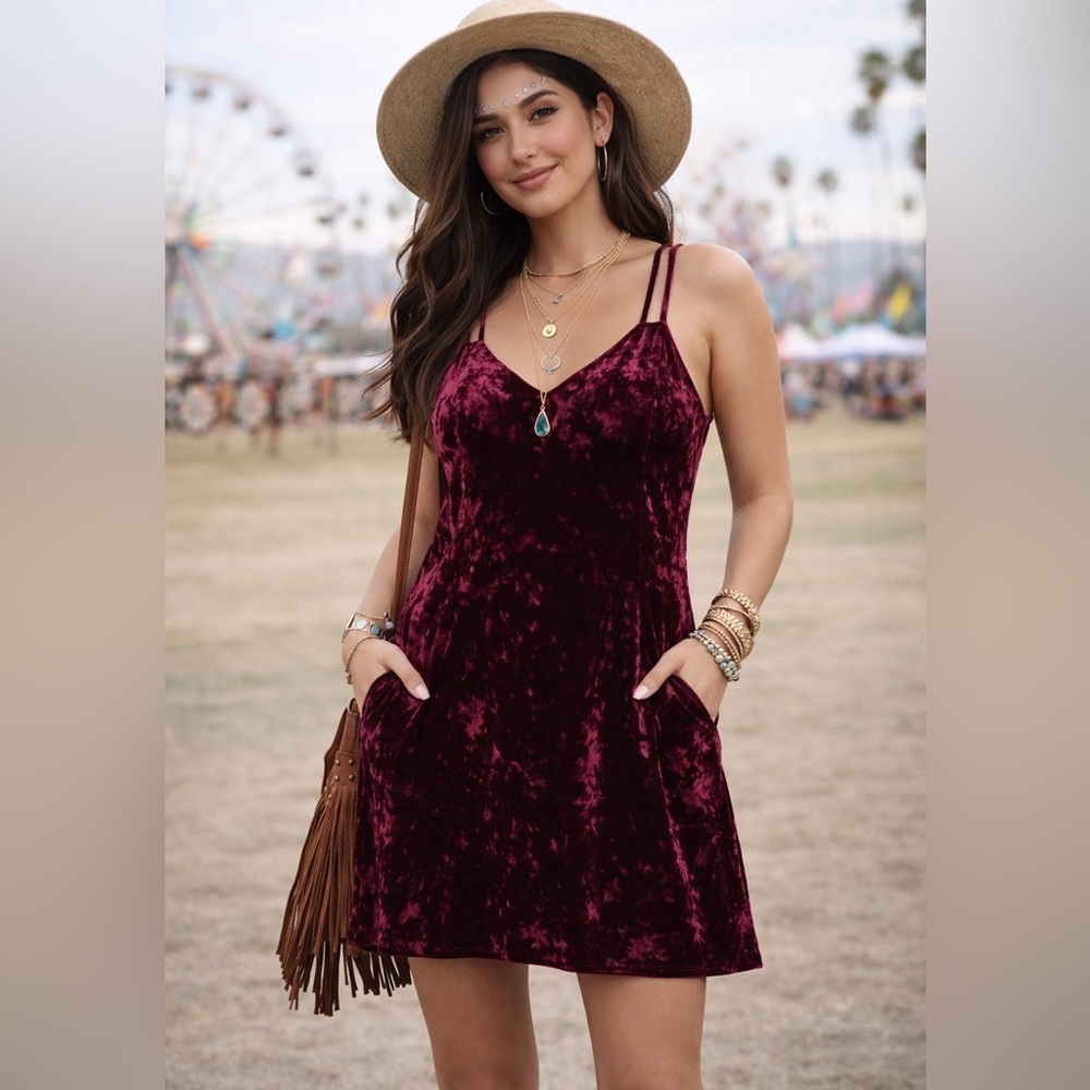 ANGL|Boho Festival Vibes Crushed Velvet mini Dress|Small| Burgundy/Maroon|EUC